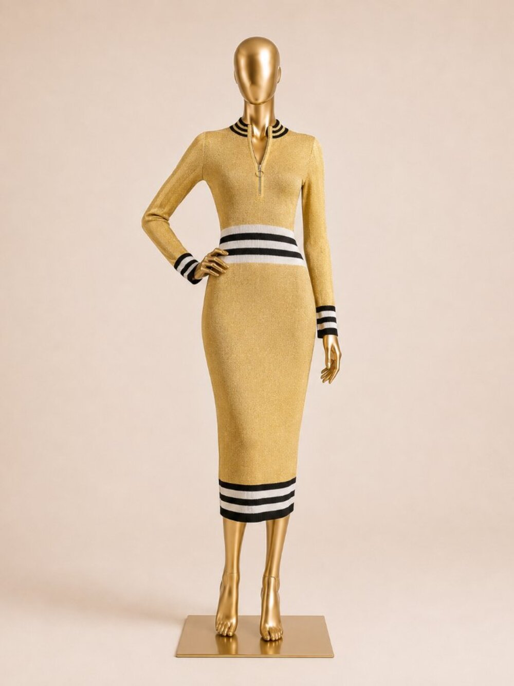 CODICO, Gold Metallic Knit, Midi Dress, Black White Stripe, Half-Zip, Size M